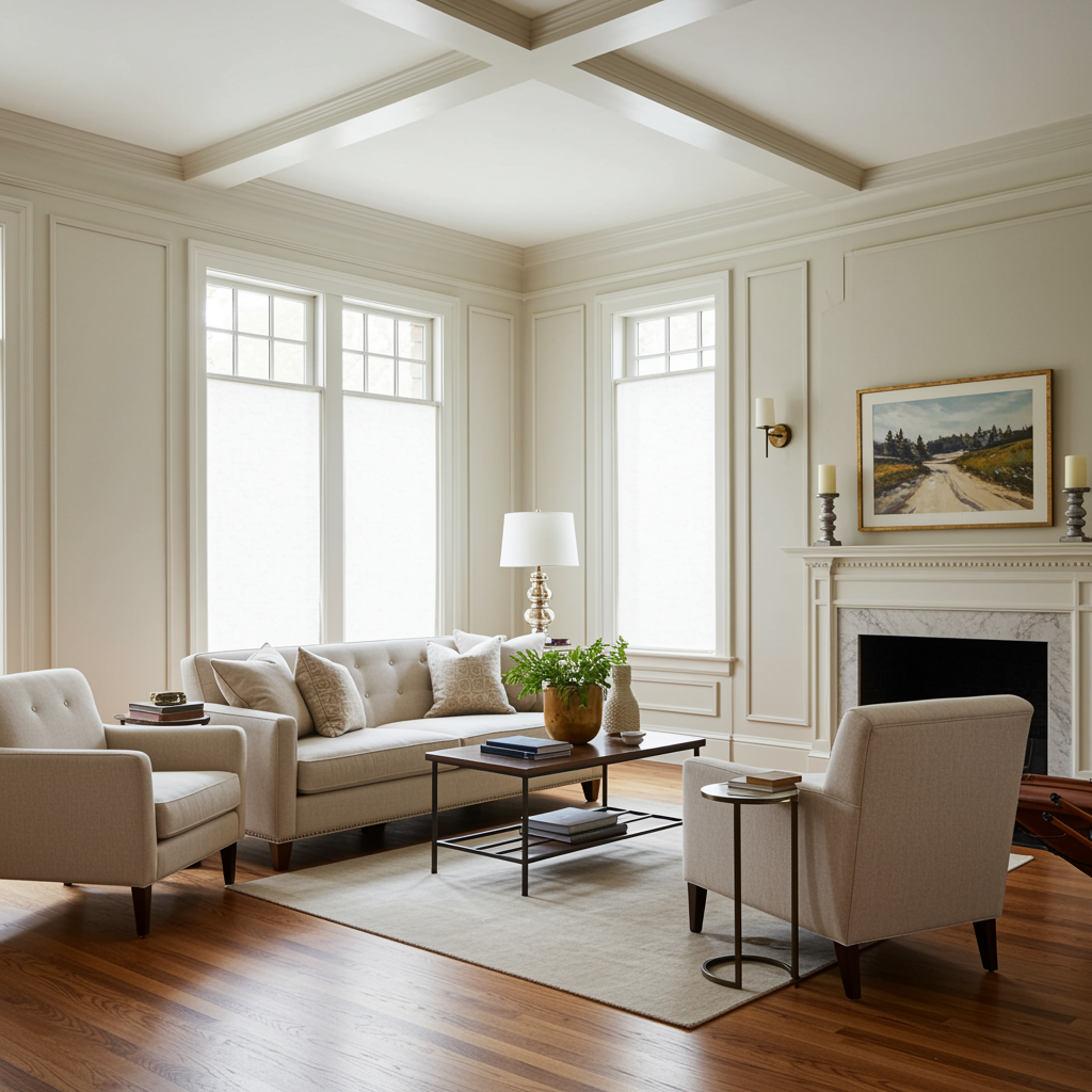 Restored luxury living room showcasing flawless property reconstruction with gleaming hardwood floors, freshly finished walls, and bright natural light after fire or water damage.