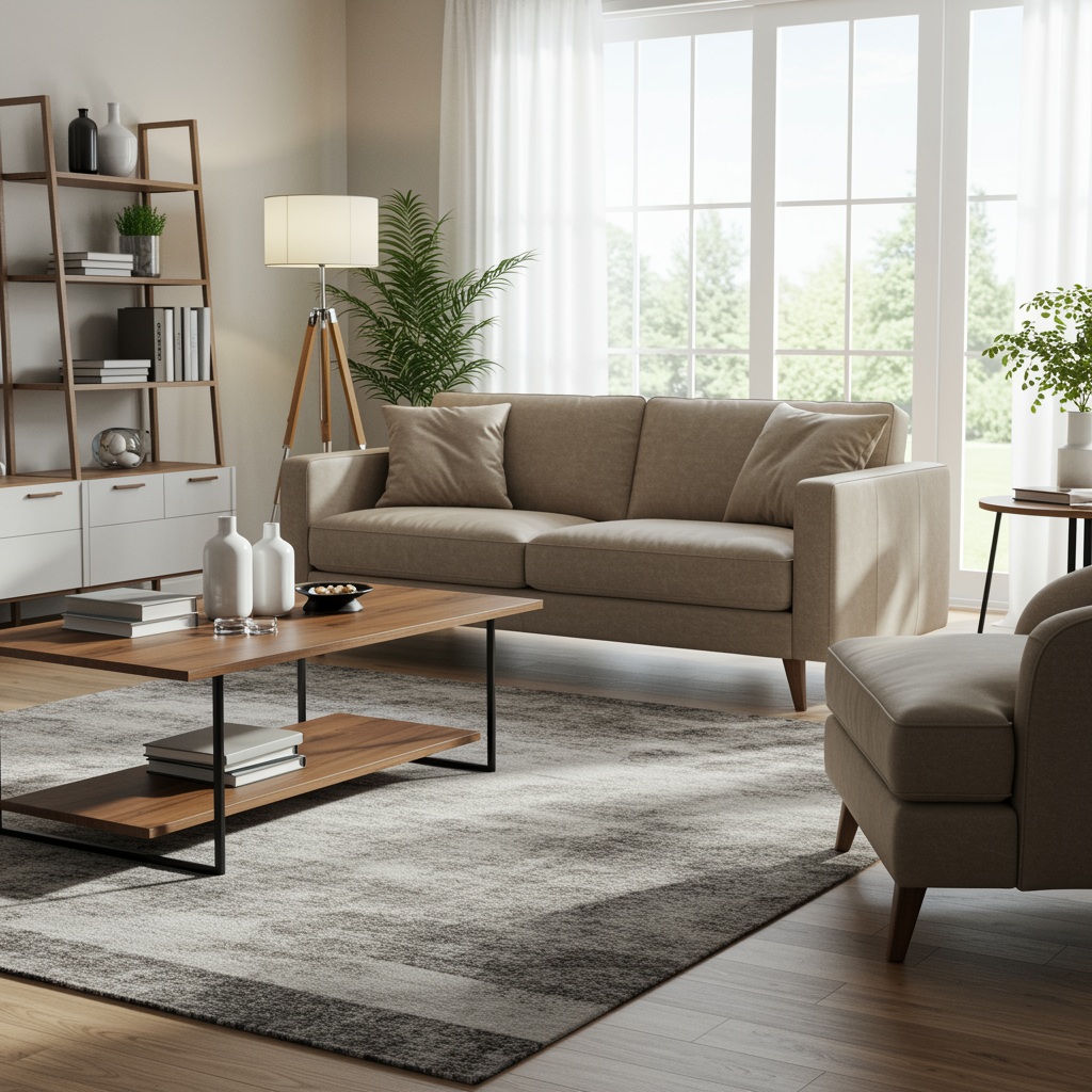 Spotlessly clean restored living room featuring fresh upholstery, area rug, and furniture, demonstrating contents cleaning services after property damage with professional results.