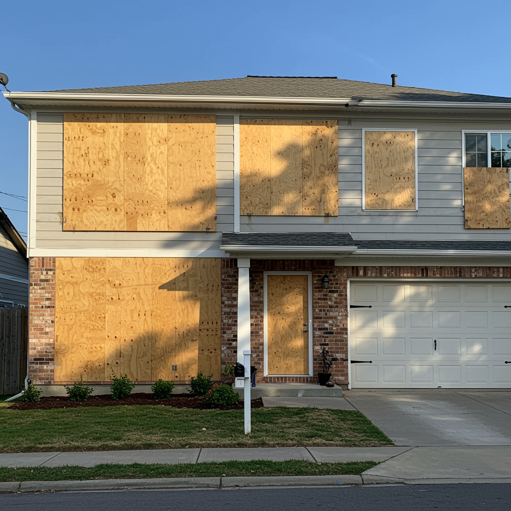 Professionally boarded-up residential home after emergency service, showing clean wood panels protecting windows and doors, with a well-kept exterior and no visible equipment or people