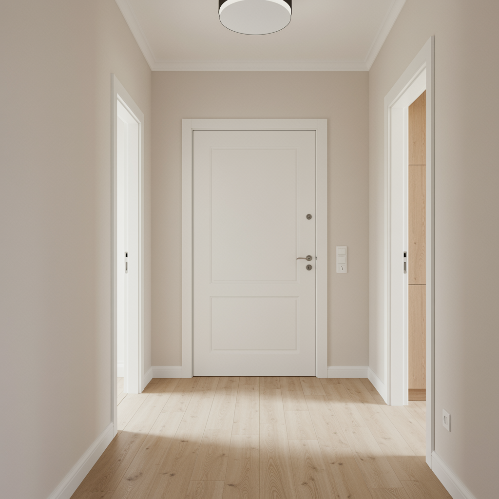 Beautifully restored home entryway showcasing expert property restoration after emergency fire and water damage, with immaculate walls, gleaming hardwood floors, and modern finishes.