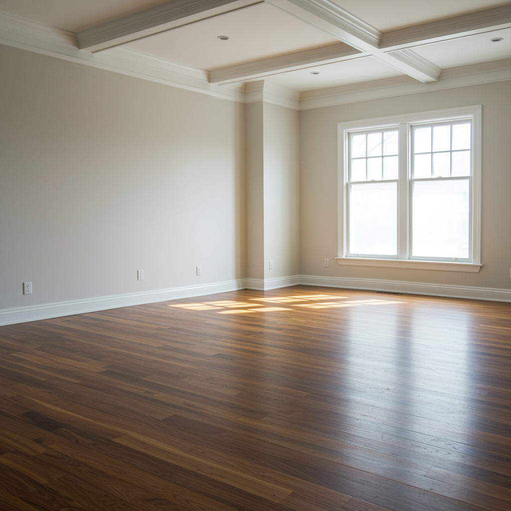 Beautifully restored living room interior showing pristine walls and floors after professional property restoration and insurance claim assistance, with natural light and upscale finishes.