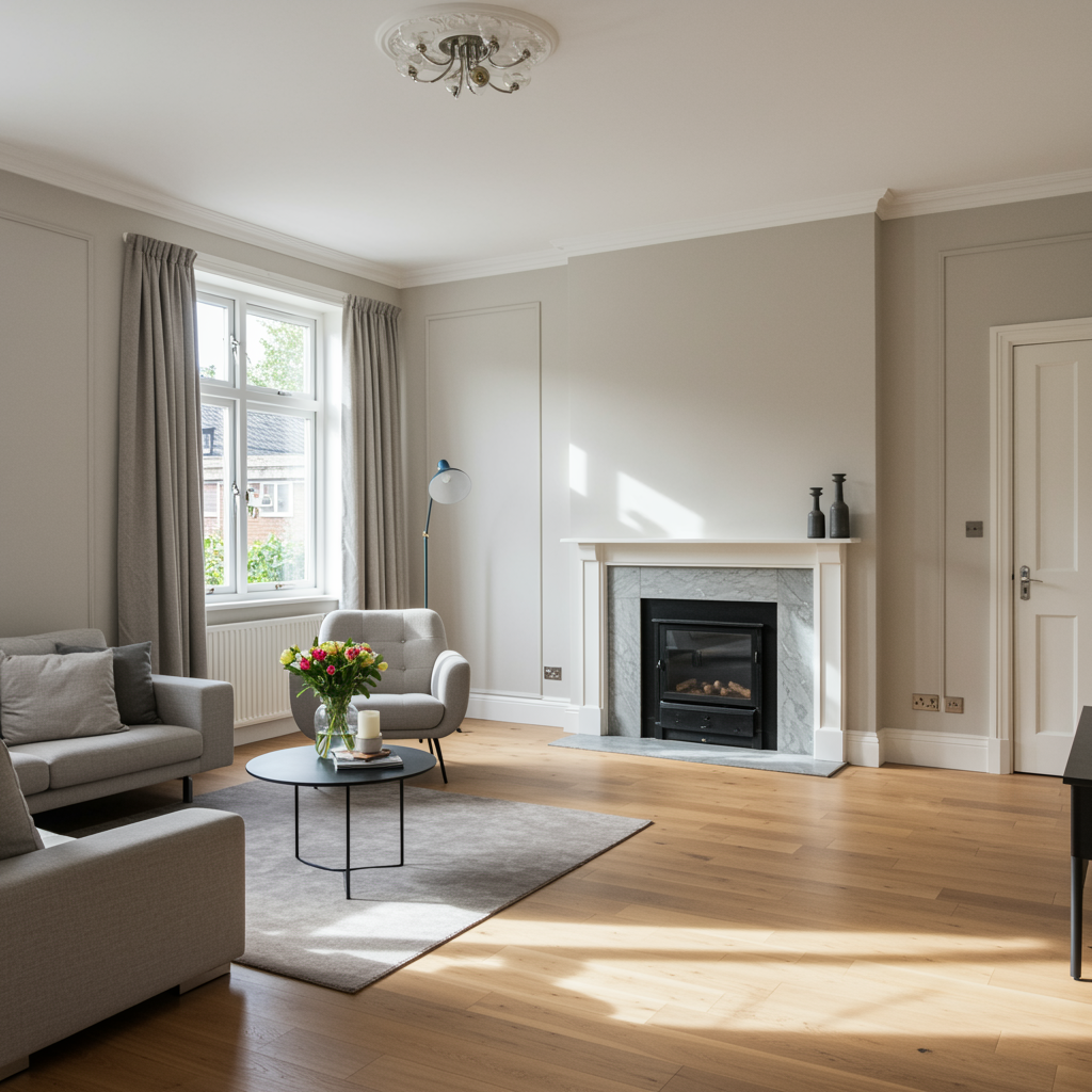 Pristine modern living room with flawless walls and ceilings, sunlight highlighting expert restoration work, showcasing the quality of property appraisal and restoration services