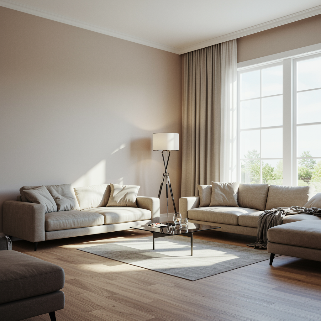 Restored living room featuring clean walls and fresh interiors after professional smoke odor removal service, highlighting a welcoming, odor-free environment in a modern home.